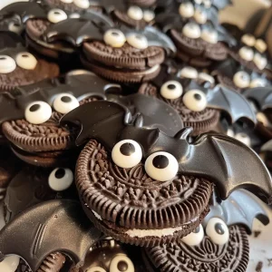 ['Close-up of Oreo cookies decorated like bats with candy eyes.', 'Side view of chocolate bat-shaped Oreo desserts with Hershey bars.', 'Oreo bats featuring candy eyes and a glossy chocolate coating, photographed with an iPhone.', 'Deliciously crafted Oreo bat treats arranged on a plate in a festive style.']