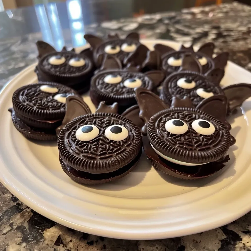 ['Close-up of Oreo cookies decorated like bats with candy eyes.', 'Side view of chocolate bat-shaped Oreo desserts with Hershey bars.', 'Oreo bats featuring candy eyes and a glossy chocolate coating, photographed with an iPhone.', 'Deliciously crafted Oreo bat treats arranged on a plate in a festive style.']