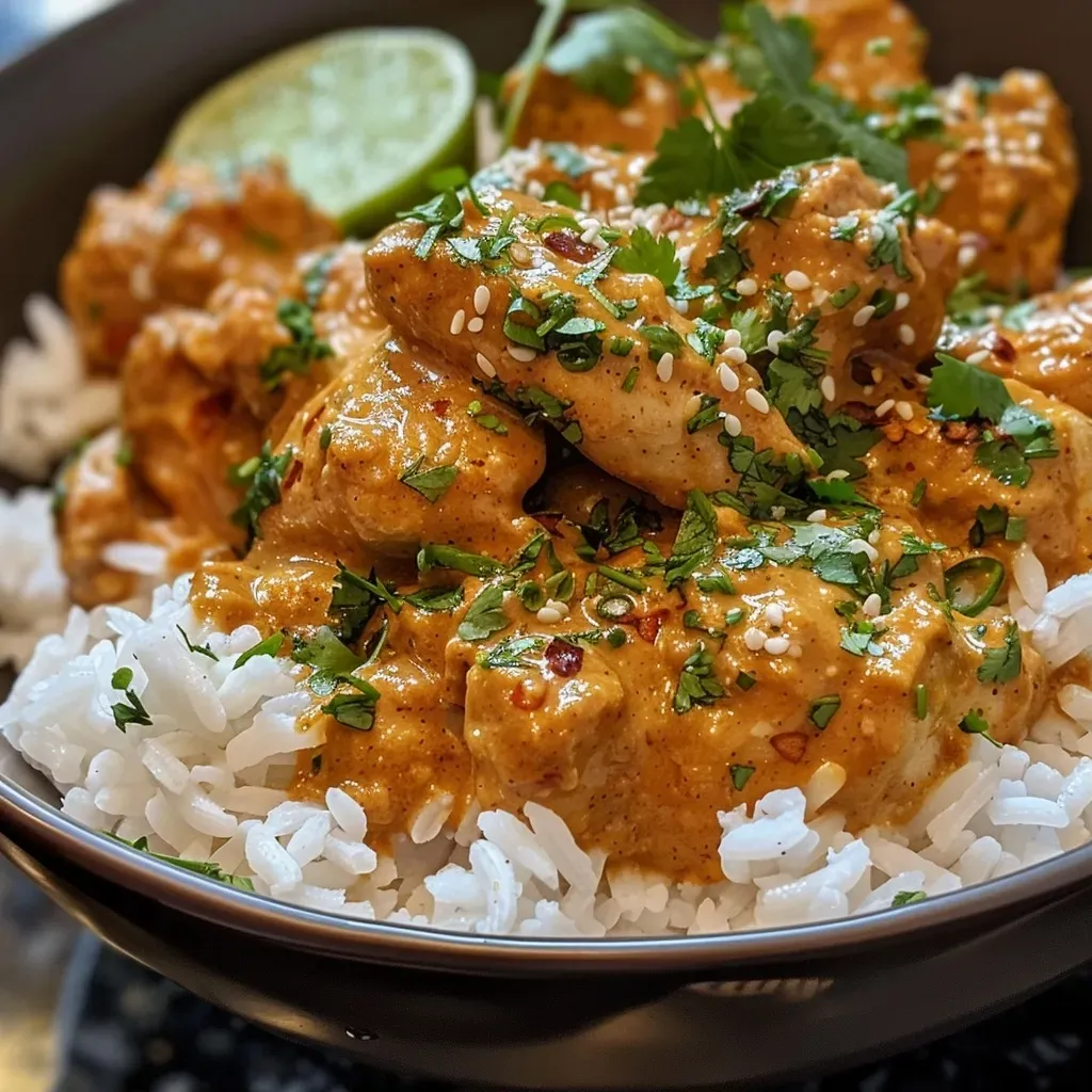 ['A close-up side view of juicy Peanut Butter Chicken, showcasing succulent chicken coated in a creamy sauce.', 'Delicious Peanut Butter Chicken garnished with cilantro, highlighting its rich, decadent texture.', 'Side view of tender chicken in a velvety peanut butter sauce, emphasizing its appetizing appearance.', 'Juicy pieces of chicken in a peanut sauce, captured in a vibrant close-up shot.']