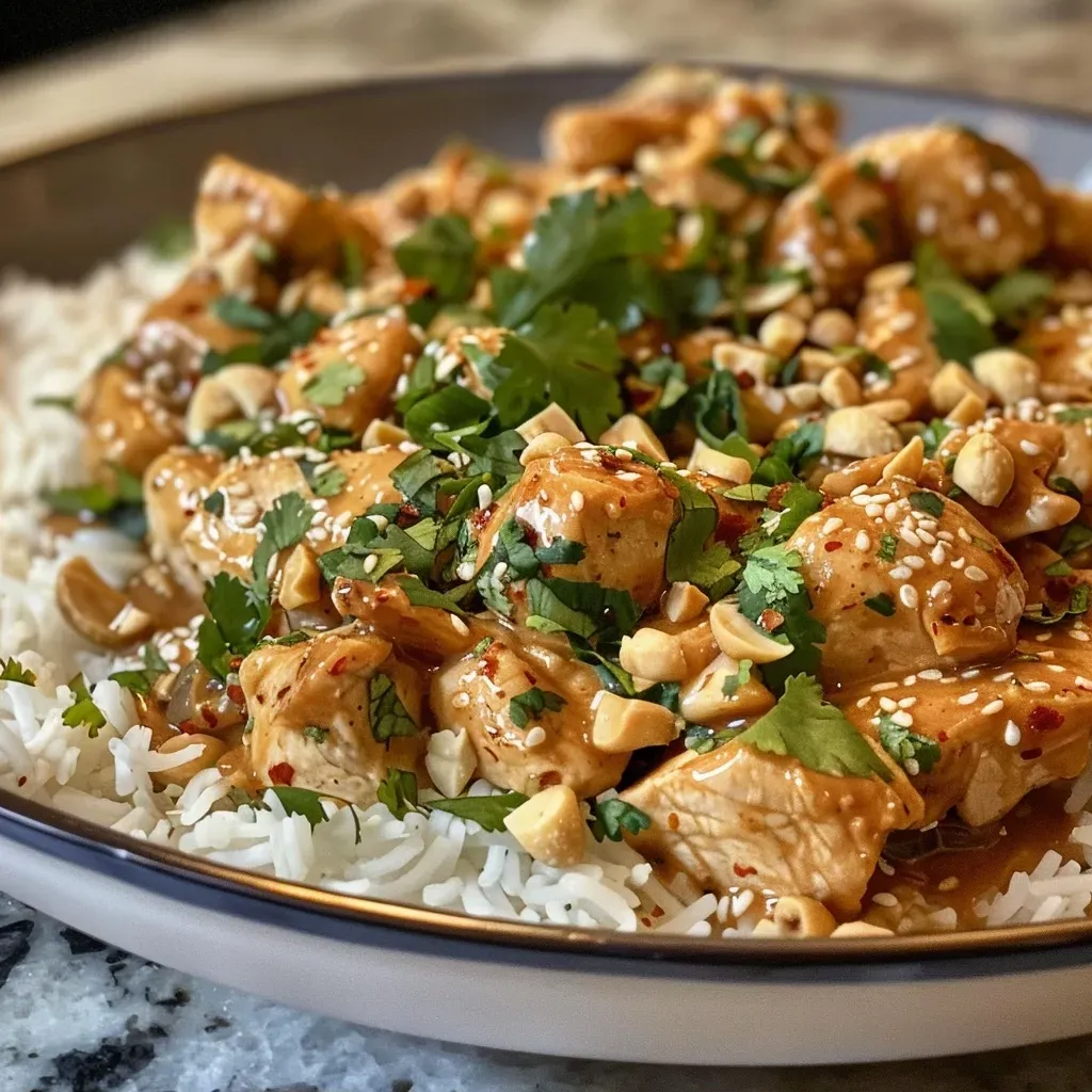 ['A close-up side view of juicy Peanut Butter Chicken, showcasing succulent chicken coated in a creamy sauce.', 'Delicious Peanut Butter Chicken garnished with cilantro, highlighting its rich, decadent texture.', 'Side view of tender chicken in a velvety peanut butter sauce, emphasizing its appetizing appearance.', 'Juicy pieces of chicken in a peanut sauce, captured in a vibrant close-up shot.']