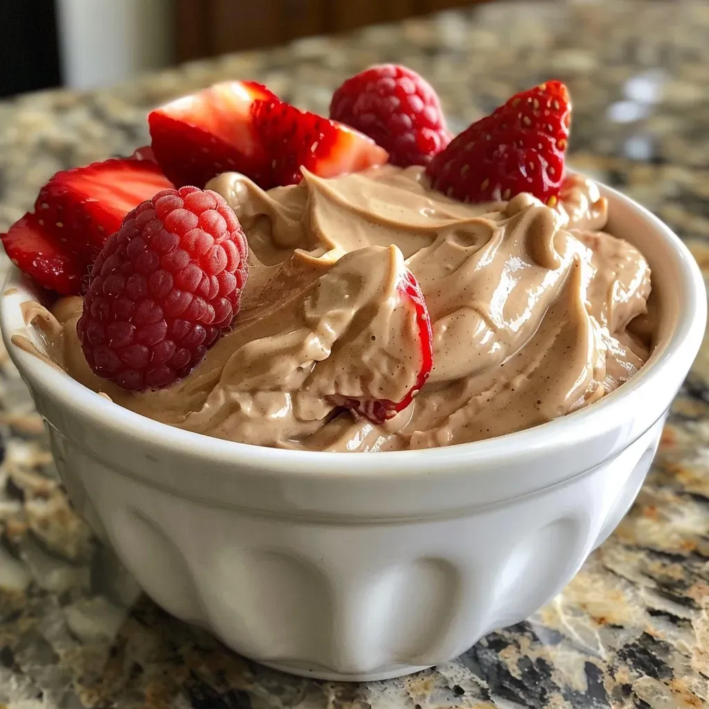 ['A close-up shot of a creamy peanut butter fruit dip in a bowl, served with fresh fruits.', 'Side view of a delectable peanut butter dip, surrounded by sliced fruits for dipping.', 'Close-up of a rich peanut butter fruit dip, highlighting its smooth texture alongside vibrant fruits.', 'A mouth-watering peanut butter dip displayed in a bowl, with a variety of fresh fruit pieces beside it.']