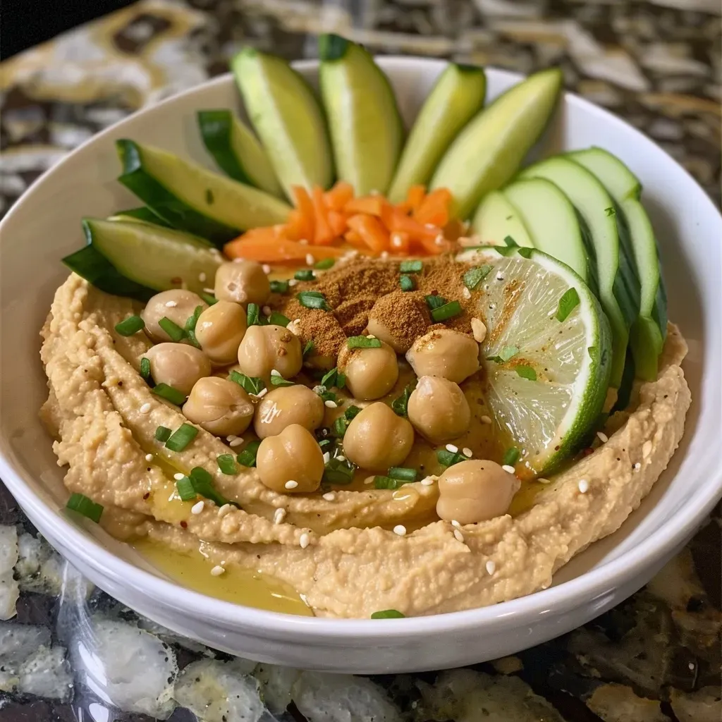 ['A close-up side view of creamy peanut butter hummus in a bowl.', 'Smooth peanut butter hummus garnished, showing its rich texture.', 'A vibrant bowl of peanut butter hummus with a spoon beside it.', 'Thick peanut butter hummus displayed in a rustic setting.']