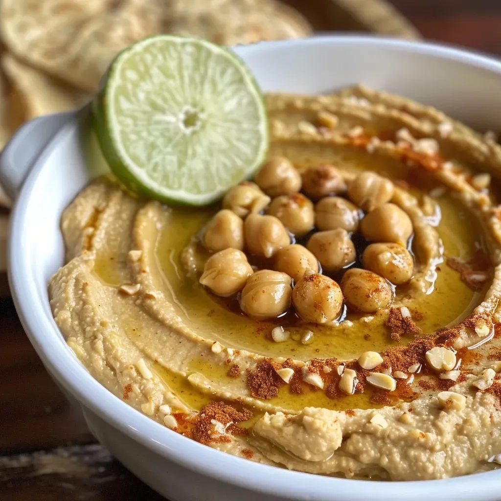 ['A close-up side view of creamy peanut butter hummus in a bowl.', 'Smooth peanut butter hummus garnished, showing its rich texture.', 'A vibrant bowl of peanut butter hummus with a spoon beside it.', 'Thick peanut butter hummus displayed in a rustic setting.']