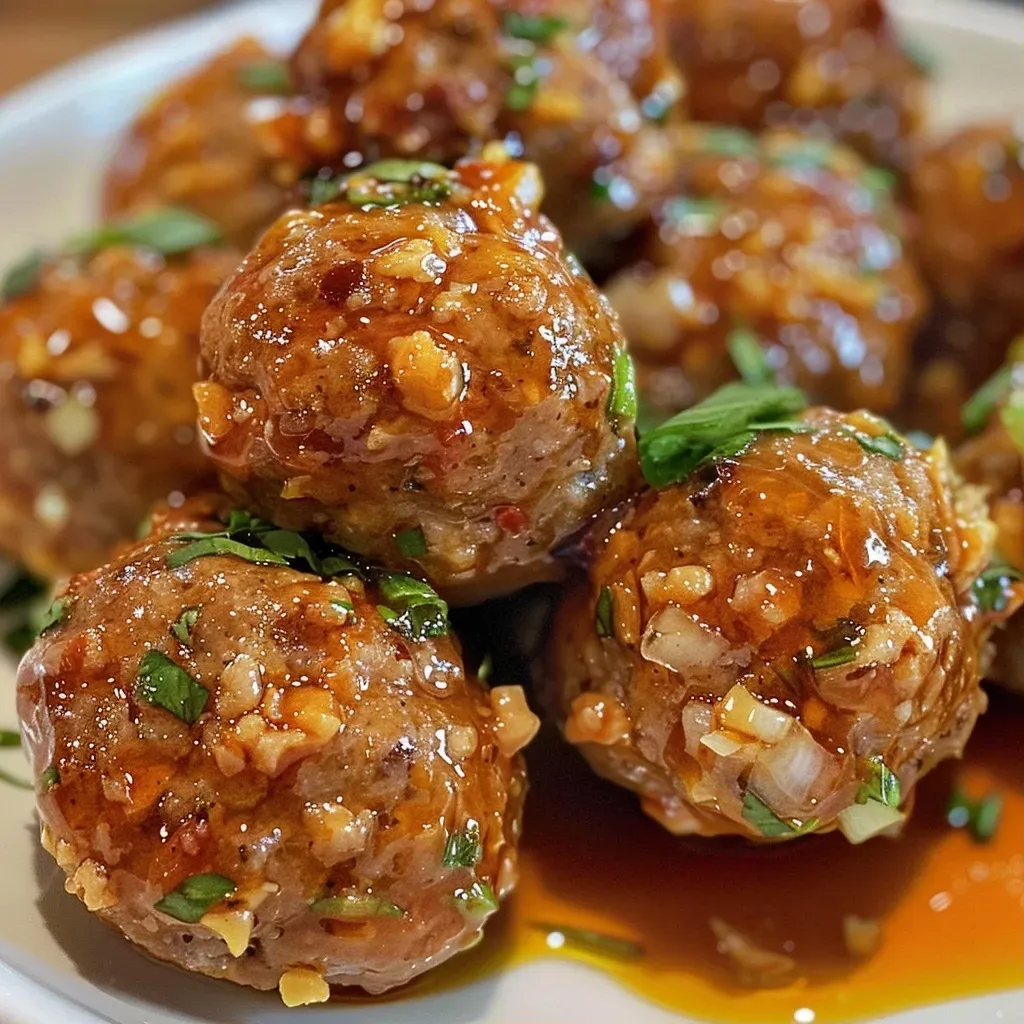 ['Juicy peanut butter meatballs arranged on a white plate, glistening with sauce.', 'Side view of a plate containing several golden-brown peanut butter meatballs.', 'Close-up of tender meatballs infused with peanut butter, garnished with a sprinkle of herbs.', 'Delicious meatballs on a wooden table, showcasing their rich color and texture.']