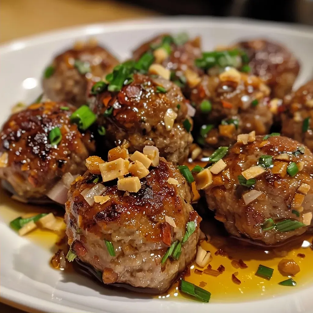 ['Juicy peanut butter meatballs arranged on a white plate, glistening with sauce.', 'Side view of a plate containing several golden-brown peanut butter meatballs.', 'Close-up of tender meatballs infused with peanut butter, garnished with a sprinkle of herbs.', 'Delicious meatballs on a wooden table, showcasing their rich color and texture.']