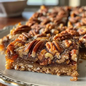 ['A side view close-up of golden-brown Pecan Praline Bars with nuts on top.', 'Deliciously gooey Pecan Praline Bars arranged on a white plate, showcasing their toppings.', 'Close-up of Pecan Praline Bars displaying a rich, sticky caramel layer and whole pecans.', 'A tempting side view of freshly baked Pecan Praline Bars, highlighting their texture and color.']