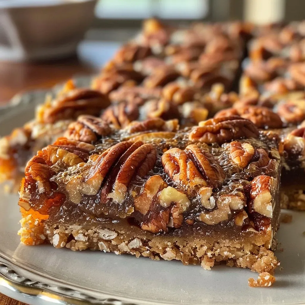 ['A side view close-up of golden-brown Pecan Praline Bars with nuts on top.', 'Deliciously gooey Pecan Praline Bars arranged on a white plate, showcasing their toppings.', 'Close-up of Pecan Praline Bars displaying a rich, sticky caramel layer and whole pecans.', 'A tempting side view of freshly baked Pecan Praline Bars, highlighting their texture and color.']