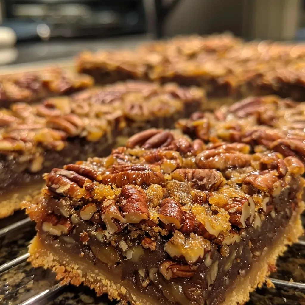 ['A side view close-up of golden-brown Pecan Praline Bars with nuts on top.', 'Deliciously gooey Pecan Praline Bars arranged on a white plate, showcasing their toppings.', 'Close-up of Pecan Praline Bars displaying a rich, sticky caramel layer and whole pecans.', 'A tempting side view of freshly baked Pecan Praline Bars, highlighting their texture and color.']