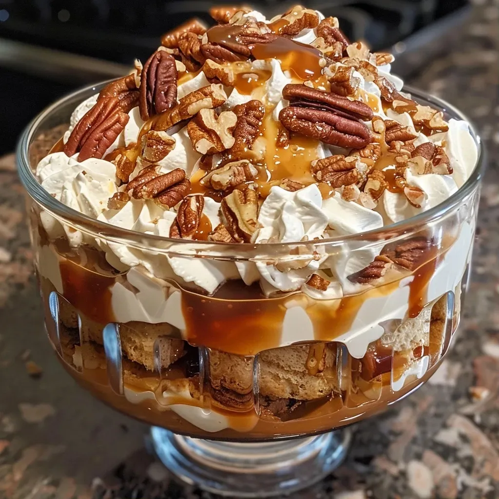 ['Close-up side view of a layered Pecan Praline Caramel Trifle with visible pecans and caramel swirls.', 'Delicious Pecan Praline Caramel Trifle displaying layers of cake, pudding, and whipped topping.', 'A creamy Pecan Praline Caramel Trifle showcasing toasted pecans and a glossy caramel finish.', 'Side view of a decadent Pecan Praline Caramel Trifle featuring rich textures and colorful layers.']