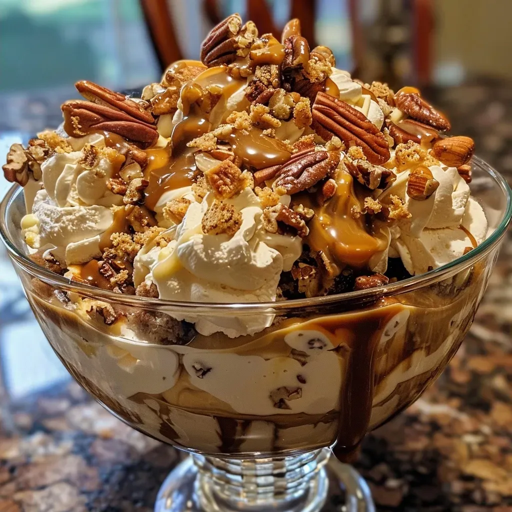 ['Close-up side view of a layered Pecan Praline Caramel Trifle with visible pecans and caramel swirls.', 'Delicious Pecan Praline Caramel Trifle displaying layers of cake, pudding, and whipped topping.', 'A creamy Pecan Praline Caramel Trifle showcasing toasted pecans and a glossy caramel finish.', 'Side view of a decadent Pecan Praline Caramel Trifle featuring rich textures and colorful layers.']