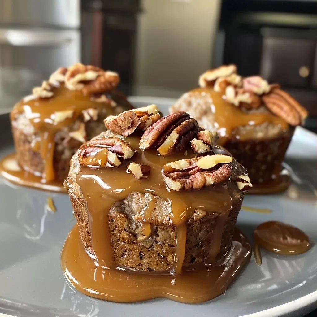 ['A close-up side view of Pecan Praline Mini Protein Muffins topped with chopped pecans.', 'Juicy Pecan Praline Mini Protein Muffins displayed in a row with a textured surface.', 'A detailed shot of small protein muffins featuring a caramel drizzle and pecan toppings.', 'Side angle view of moist Pecan Praline Mini Protein Muffins with a golden-brown exterior.']