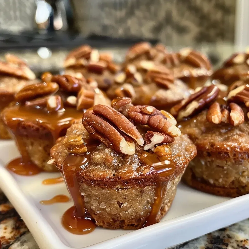 ['A close-up side view of Pecan Praline Mini Protein Muffins topped with chopped pecans.', 'Juicy Pecan Praline Mini Protein Muffins displayed in a row with a textured surface.', 'A detailed shot of small protein muffins featuring a caramel drizzle and pecan toppings.', 'Side angle view of moist Pecan Praline Mini Protein Muffins with a golden-brown exterior.']