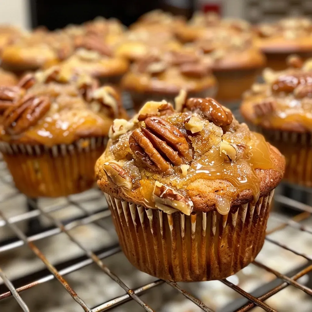 ['Close-up side view of golden brown Pecan Praline Muffins with a sprinkle of chopped pecans on top.', 'Juicy Pecan Praline Muffins displayed with a shiny glaze and toasted pecans visible in the batter.', 'A side view showcasing the moist texture and rich color of Pecan Praline Muffins against a neutral background.', 'Deliciously baked Pecan Praline Muffins with a glossy surface and pecan pieces highlighting their flavor.']
