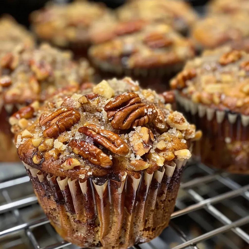 ['Close-up side view of golden brown Pecan Praline Muffins with a sprinkle of chopped pecans on top.', 'Juicy Pecan Praline Muffins displayed with a shiny glaze and toasted pecans visible in the batter.', 'A side view showcasing the moist texture and rich color of Pecan Praline Muffins against a neutral background.', 'Deliciously baked Pecan Praline Muffins with a glossy surface and pecan pieces highlighting their flavor.']