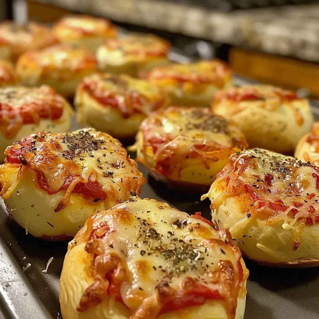 ['Side view of a pizza cupcake topped with marinara, mozzarella, and pepperoni.', 'Close-up of multiple pizza cupcakes showcasing melted cheese and pepperoni.', 'A single pizza cupcake with a golden crust and savory toppings on a plate.', 'Deliciously arranged pizza cupcakes highlighting their ingredients and texture.']