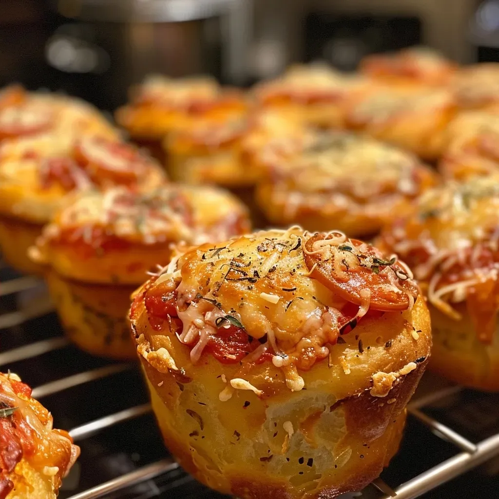 ['Side view of a pizza cupcake topped with marinara, mozzarella, and pepperoni.', 'Close-up of multiple pizza cupcakes showcasing melted cheese and pepperoni.', 'A single pizza cupcake with a golden crust and savory toppings on a plate.', 'Deliciously arranged pizza cupcakes highlighting their ingredients and texture.']
