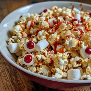 ['Close-up view of a vibrant bowl of Bloody Popcorn Summerween Snack Mix featuring red popcorn and candy eyeballs.', 'Side view of a deliciously spooky snack mix with red popcorn and colorful mini marshmallows.', 'Juicy Bloody Popcorn mixed with red sprinkles and candy eyeballs in a festive bowl.', 'Delicious Summerween Snack Mix showcasing popped popcorn coated with red food coloring and sweet toppings.']