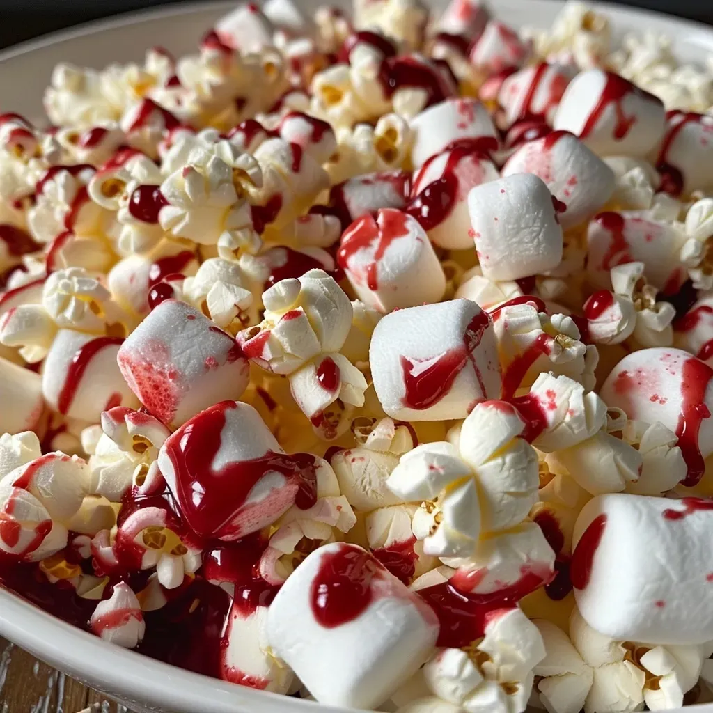 ['Close-up view of a vibrant bowl of Bloody Popcorn Summerween Snack Mix featuring red popcorn and candy eyeballs.', 'Side view of a deliciously spooky snack mix with red popcorn and colorful mini marshmallows.', 'Juicy Bloody Popcorn mixed with red sprinkles and candy eyeballs in a festive bowl.', 'Delicious Summerween Snack Mix showcasing popped popcorn coated with red food coloring and sweet toppings.']