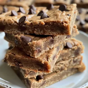 ['Close-up side view of soft and gooey protein blondies with dark chocolate chips.', 'Detailed shot of protein blondies showcasing their chewy texture and rich peanut butter color.', 'Delicious protein blondies presented on a plate, highlighting the gooey interior and chocolate pieces.', 'Side view of a stack of protein blondies, emphasizing their moist texture and creamy topping.']
