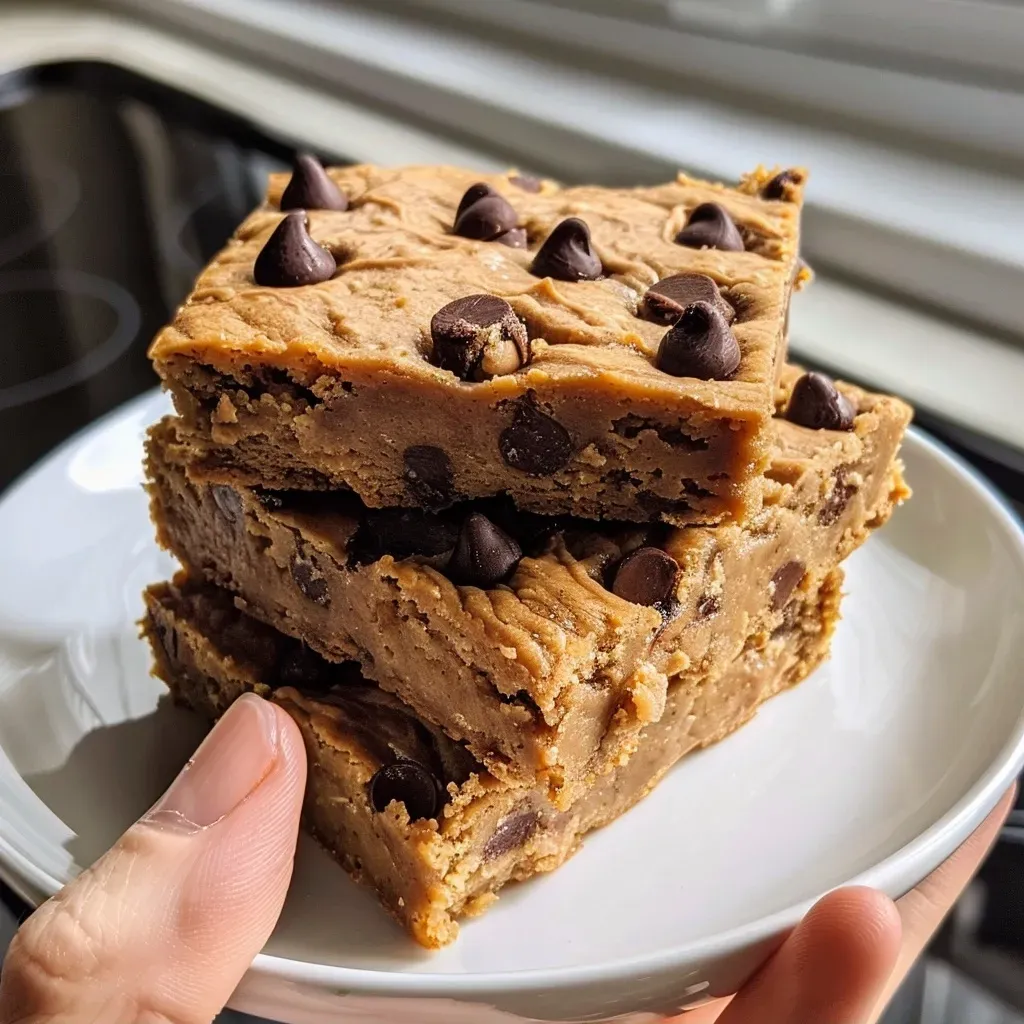 ['Close-up side view of soft and gooey protein blondies with dark chocolate chips.', 'Detailed shot of protein blondies showcasing their chewy texture and rich peanut butter color.', 'Delicious protein blondies presented on a plate, highlighting the gooey interior and chocolate pieces.', 'Side view of a stack of protein blondies, emphasizing their moist texture and creamy topping.']