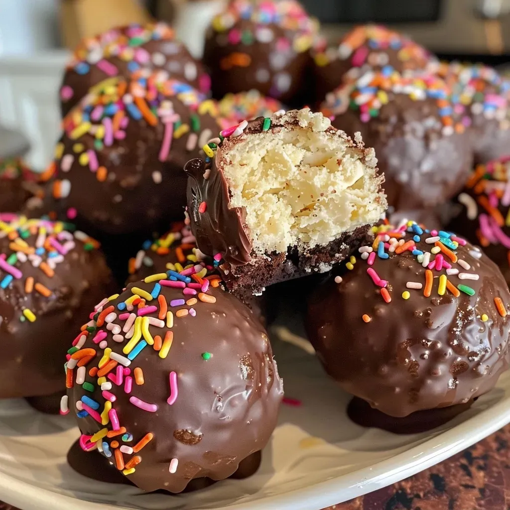 ['Close-up of colorful Protein Cake Pops on a plate, showcasing sprinkles and a glossy chocolate coating.', 'Side view of protein-packed cake pops, coated in melted chocolate and adorned with festive sprinkles.', 'Juicy Protein Cake Pops displayed on a white surface, highlighting their delicious toppings and texture.', 'A vibrant arrangement of cake pops, illustrating their creamy inside and colorful outer layer.']