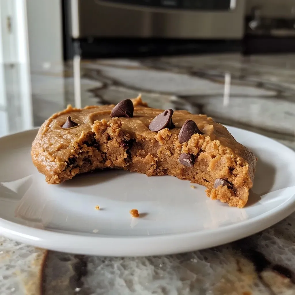 ['Close-up of golden-brown protein cookies with chocolate chips.', 'Side view of freshly baked protein cookies on a white plate.', 'Juicy protein cookies featuring a glossy surface and chocolate topping.', 'Delicious protein cookies showcasing a mix of peanut butter and chocolate.']