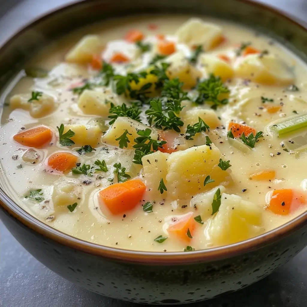 ['Close-up view of creamy potato soup in a bowl, showcasing its rich texture and ingredients.', 'Side perspective of a delicious protein-rich potato soup, highlighting diced vegetables and creamy finish.', 'Detailed image of protein cream of potato soup with visible chunks of potatoes and a sprinkle of cheese on top.', 'A vibrant bowl of potato soup filled with diced vegetables and a smooth creamy layer.']