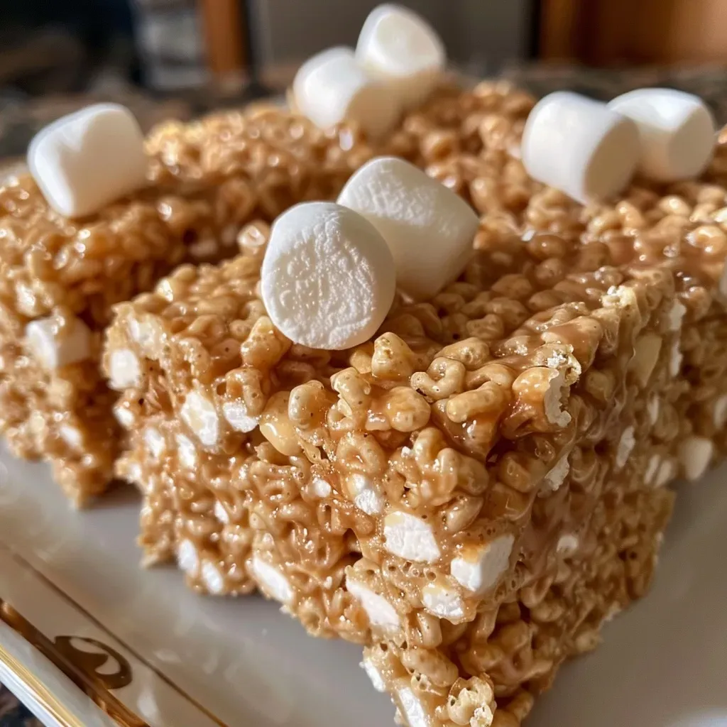 ['Close-up side view of golden brown Protein Rice Crispy Treats stacked on a white plate.', 'Delicious Protein Rice Crispy Treats showing gooey marshmallows and crispy texture in a bright kitchen setting.', 'Side view of protein-rich Rice Crispy Treats with visible layers of marshmallows and crispy cereal.', 'Tasty, chewy Protein Rice Crispy Treats displayed on a rustic wooden table.']