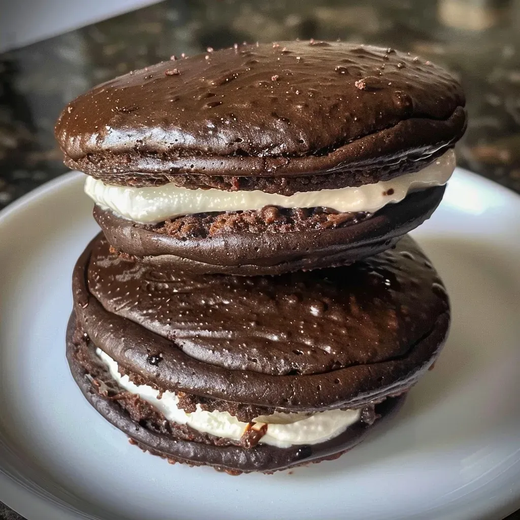 ['Close-up side view of a scrumptious protein whoopie pie showcasing its rich chocolate filling.', 'A juicy protein whoopie pie captured on an iPhone, highlighting its soft texture and cream filling.', 'Side view of a delicious protein whoopie pie, featuring layers of chocolate and creamy frosting.', 'Close-up of a decadent whoopie pie, emphasizing its moist surface and inviting filling.']