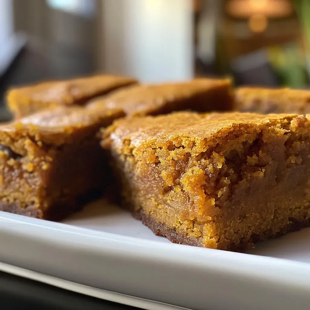['Close-up of golden Pumpkin Blondies with chocolate chips on a plate.', 'Side view of moist Pumpkin Blondies showcasing their rich texture and chocolate chips.', 'Detailed shot of Pumpkin Blondies, highlighting the buttery surface and chocolate morsels.', 'Close-up perspective of delicious Pumpkin Blondies featuring a warm, inviting color.']