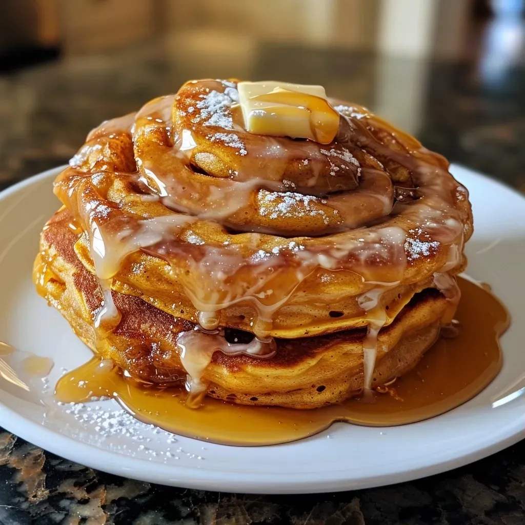 ['Close-up of fluffy pumpkin cinnamon roll pancakes with creamy frosting.', 'Side view of pumpkin cinnamon roll pancakes drizzled with icing.', 'Delicious stack of pumpkin cinnamon roll pancakes topped with syrup.', 'Golden brown pumpkin cinnamon roll pancakes garnished with cinnamon.']