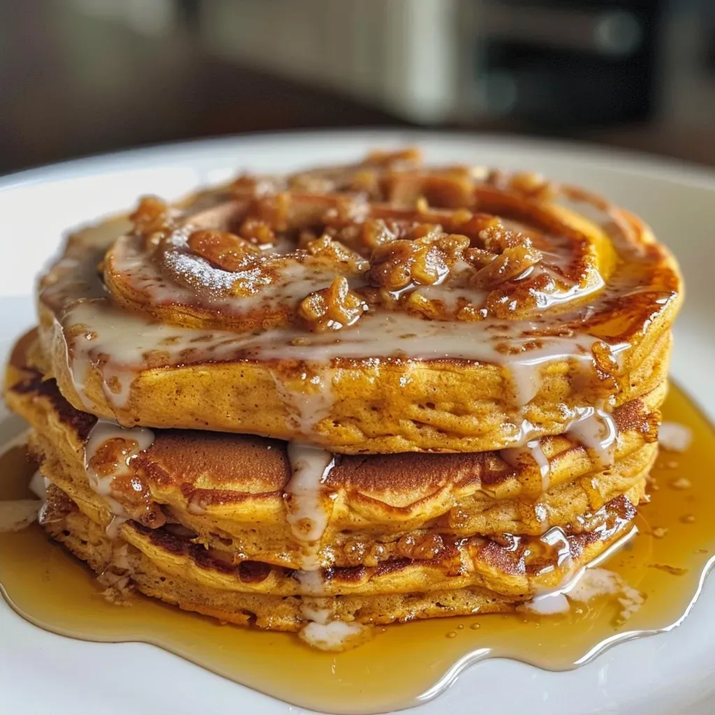 ['Close-up of fluffy pumpkin cinnamon roll pancakes with creamy frosting.', 'Side view of pumpkin cinnamon roll pancakes drizzled with icing.', 'Delicious stack of pumpkin cinnamon roll pancakes topped with syrup.', 'Golden brown pumpkin cinnamon roll pancakes garnished with cinnamon.']