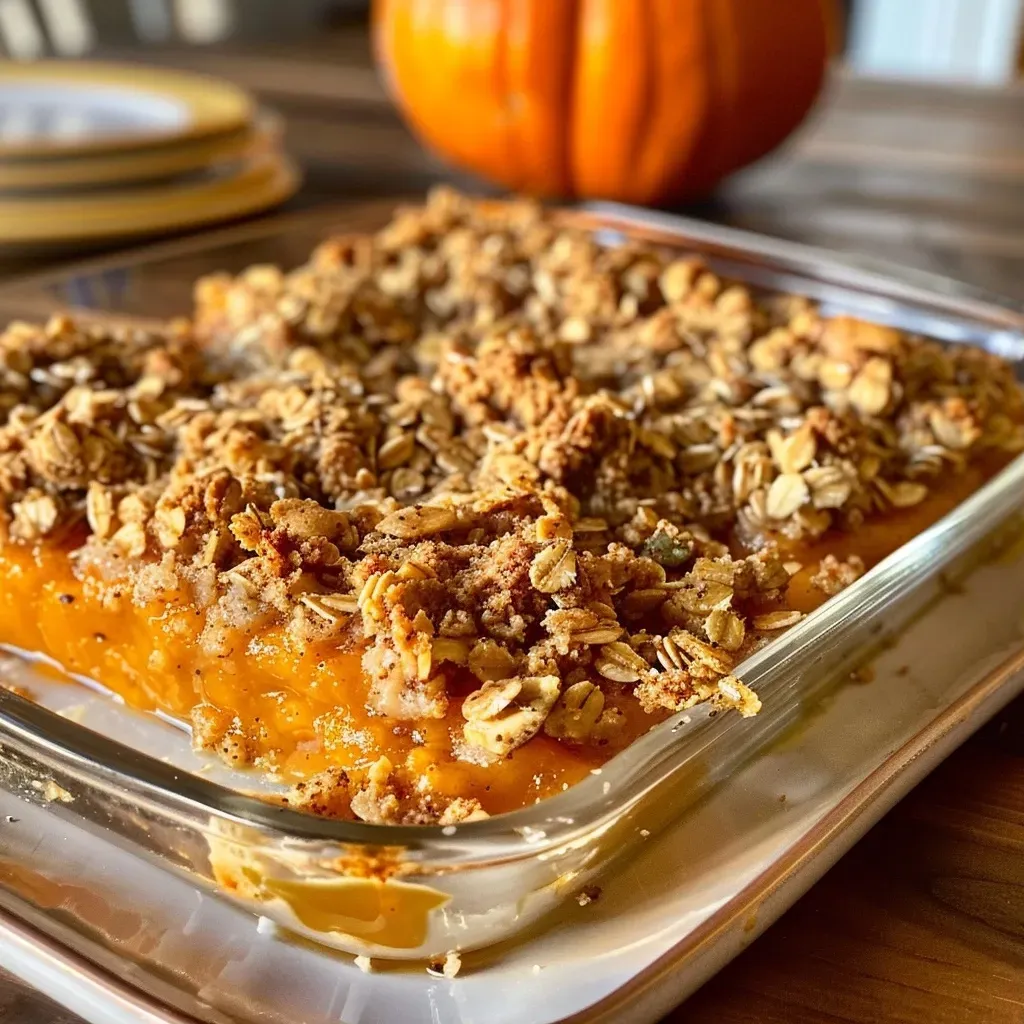 ['Close-up of a delicious Pumpkin Crisp dessert with a golden-brown topping.', 'Side view of a warm Pumpkin Crisp, showcasing its rich texture and color.', 'A slice of Pumpkin Crisp with a crispy oat topping, placed on a rustic plate.', 'Juicy Pumpkin Crisp with a crunchy layer, fresh out of the oven.']