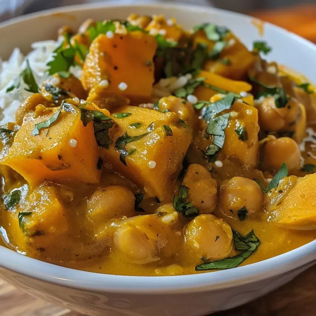 ['A close-up view of a steaming bowl of Pumpkin Curry with vibrant colors and textures.', 'A side view of a creamy Pumpkin Curry dish, showcasing its rich, orange hue and fresh ingredients.', 'A colorful Pumpkin Curry in a bowl, featuring chunks of vegetables and garnished with herbs.', 'Close-up of a delicious Pumpkin Curry, highlighting the ingredients like pumpkin puree and chopped vegetables.']