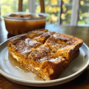 ['Close-up view of a golden-brown Pumpkin French Toast Casserole with a buttery top.', 'Side perspective of a baked Pumpkin French Toast Casserole displaying its fluffy texture.', 'Delicious slice of Pumpkin French Toast Casserole revealing layers and rich pumpkin filling.', 'Pumpkin French Toast Casserole topped with a sprinkle of cinnamon, served in a white dish.']
