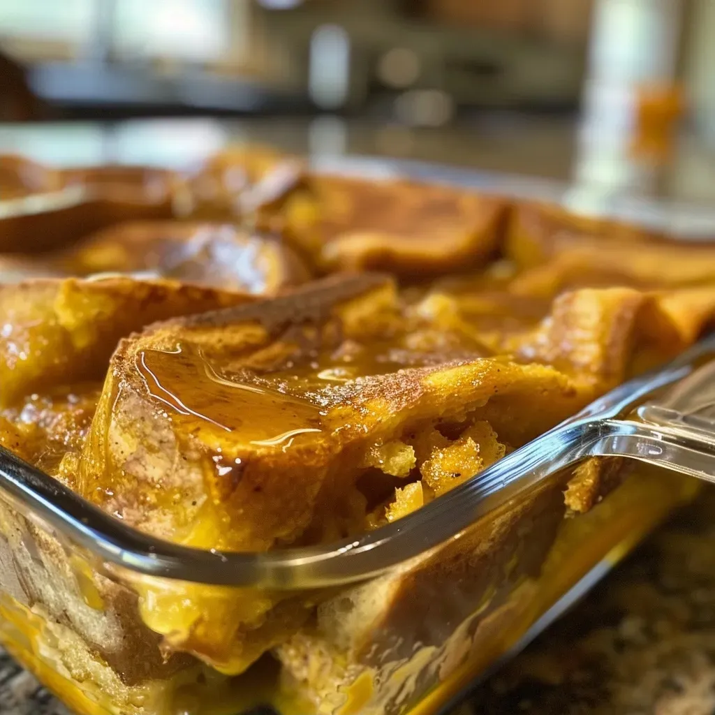['Close-up view of a golden-brown Pumpkin French Toast Casserole with a buttery top.', 'Side perspective of a baked Pumpkin French Toast Casserole displaying its fluffy texture.', 'Delicious slice of Pumpkin French Toast Casserole revealing layers and rich pumpkin filling.', 'Pumpkin French Toast Casserole topped with a sprinkle of cinnamon, served in a white dish.']