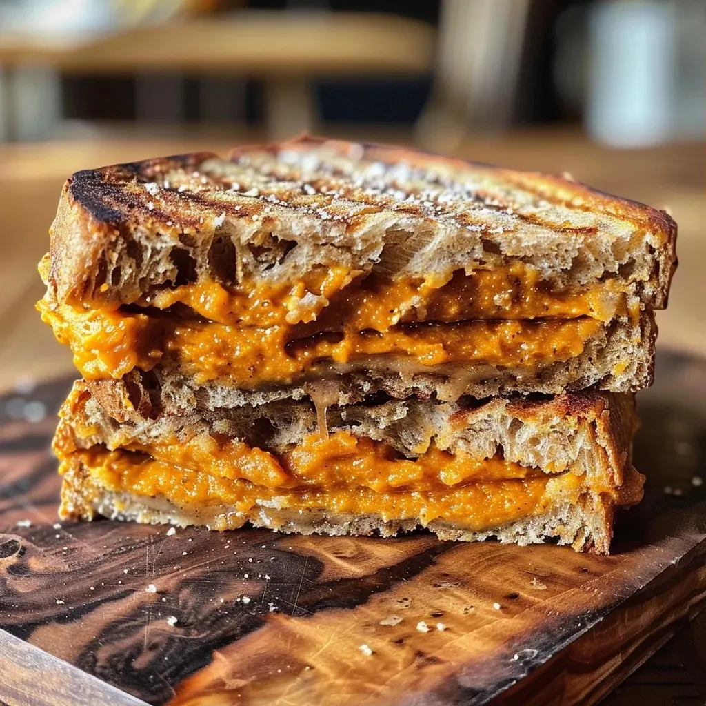 ['Close-up view of a Pumpkin Maple Peanut Butter Panini with banana slices.', 'Delicious Pumpkin Maple Peanut Butter Panini, with a golden-brown crust and banana filling.', 'Side view of a freshly made Pumpkin Maple Peanut Butter Panini, showcasing its layers.', 'Juicy Pumpkin Maple Peanut Butter Panini filled with bananas, captured in bright lighting.']