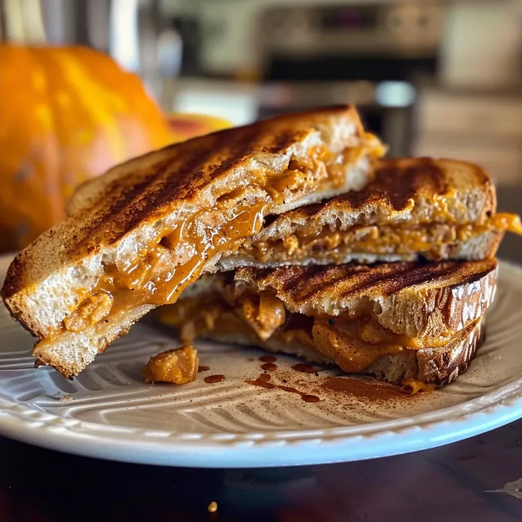 ['Close-up view of a Pumpkin Maple Peanut Butter Panini with banana slices.', 'Delicious Pumpkin Maple Peanut Butter Panini, with a golden-brown crust and banana filling.', 'Side view of a freshly made Pumpkin Maple Peanut Butter Panini, showcasing its layers.', 'Juicy Pumpkin Maple Peanut Butter Panini filled with bananas, captured in bright lighting.']