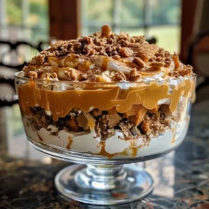 ['Close-up side view of a layered Pumpkin Praline Trifle with whipped cream and toffee bits.', 'A delicious Pumpkin Praline Trifle featuring layers of pumpkin filling and granola.', 'Side view of a Pumpkin Praline Trifle showcasing a creamy texture and decorative toppings.', 'Detailed view of a Pumpkin Praline Trifle with visible layers of cream, pumpkin, and crunchy bits.']