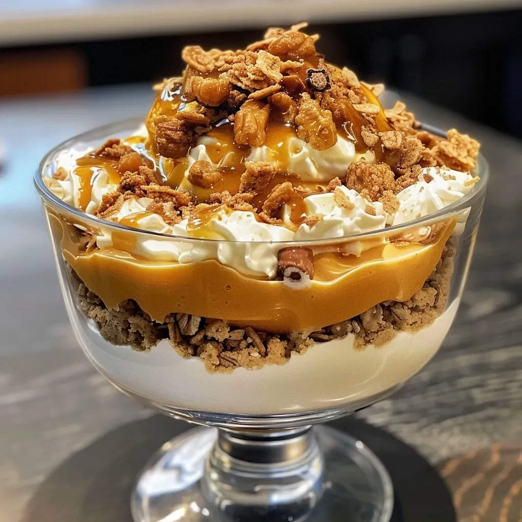 ['Close-up side view of a layered Pumpkin Praline Trifle with whipped cream and toffee bits.', 'A delicious Pumpkin Praline Trifle featuring layers of pumpkin filling and granola.', 'Side view of a Pumpkin Praline Trifle showcasing a creamy texture and decorative toppings.', 'Detailed view of a Pumpkin Praline Trifle with visible layers of cream, pumpkin, and crunchy bits.']