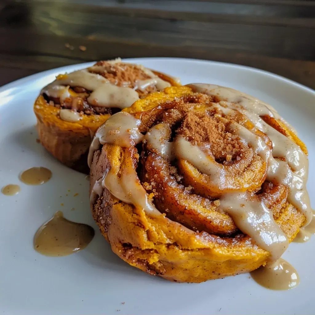 ['Close-up of gluten and sugar-free pumpkin protein cinnamon rolls on a plate.', 'Side view of moist pumpkin protein cinnamon rolls with a creamy glaze.', 'Delicious pumpkin cinnamon rolls displayed on a rustic wooden table.', 'A stack of pumpkin protein cinnamon rolls with pumpkin puree and spices.']