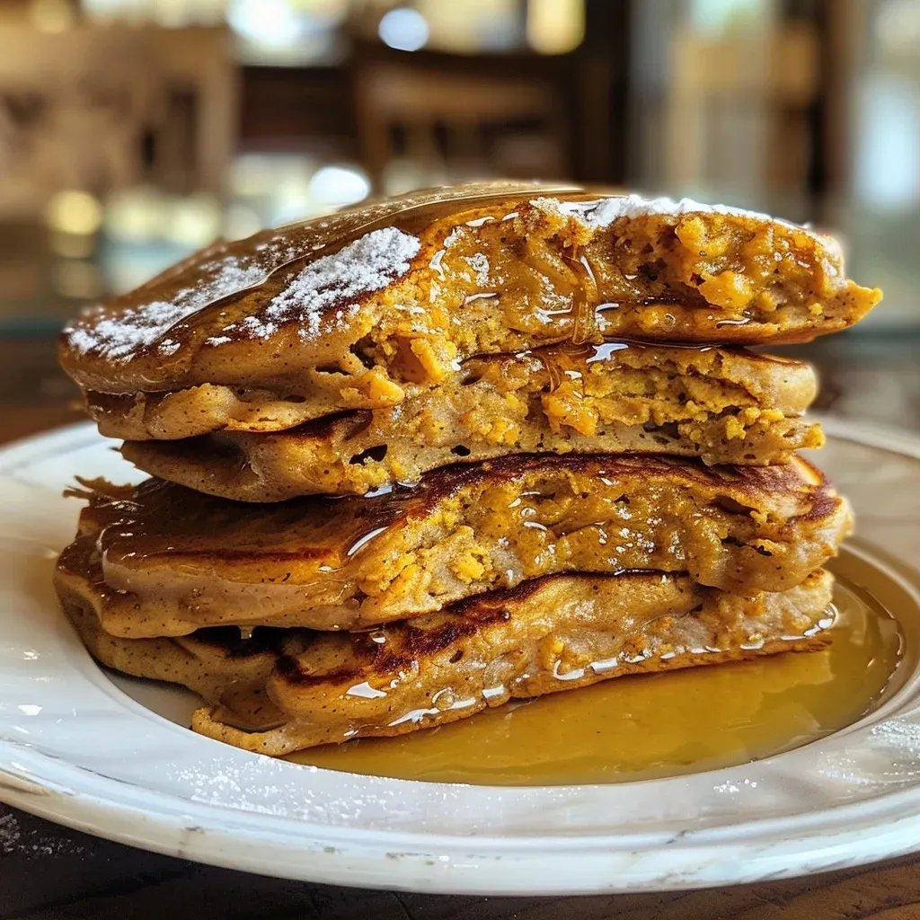 ['Close-up view of golden brown pumpkin protein pancakes stacked on a plate.', 'Side view of fluffy pumpkin protein pancakes drizzled with maple syrup.', 'Juicy pumpkin protein pancakes garnished with a sprinkle of pumpkin pie spice.', 'Delicious pumpkin protein pancakes with a soft texture and vibrant orange hue.']