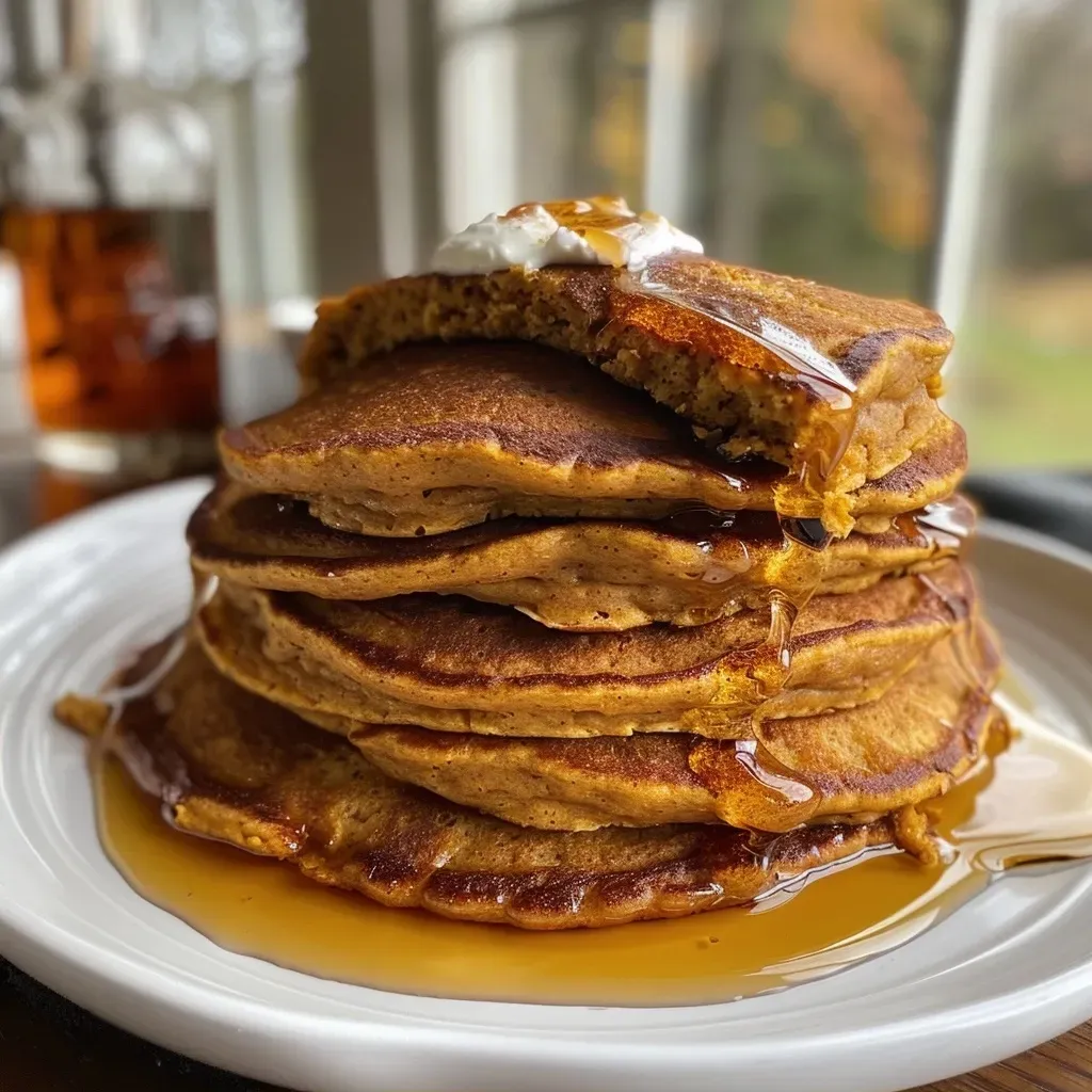 ['Close-up view of golden brown pumpkin protein pancakes stacked on a plate.', 'Side view of fluffy pumpkin protein pancakes drizzled with maple syrup.', 'Juicy pumpkin protein pancakes garnished with a sprinkle of pumpkin pie spice.', 'Delicious pumpkin protein pancakes with a soft texture and vibrant orange hue.']
