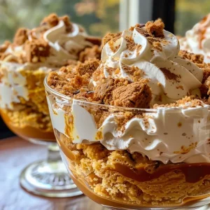 ['A close-up view of a layered Pumpkin Trifle in a glass dish, showcasing pumpkin, gingersnap, and whipped topping.', 'Side view of a delicious Pumpkin Trifle featuring layers of pumpkin roll, caramel, and spices in a clear container.', 'Detailed close-up of a Pumpkin Trifle, highlighting the creamy whipped topping and crushed gingersnaps.', 'A vibrant Pumpkin Trifle side shot, layered with pumpkin puree, maple syrup, and spices.']