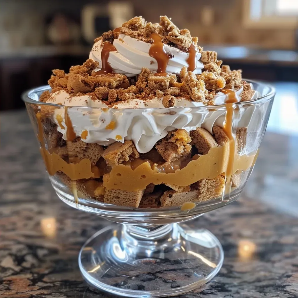 ['A close-up view of a layered Pumpkin Trifle in a glass dish, showcasing pumpkin, gingersnap, and whipped topping.', 'Side view of a delicious Pumpkin Trifle featuring layers of pumpkin roll, caramel, and spices in a clear container.', 'Detailed close-up of a Pumpkin Trifle, highlighting the creamy whipped topping and crushed gingersnaps.', 'A vibrant Pumpkin Trifle side shot, layered with pumpkin puree, maple syrup, and spices.']