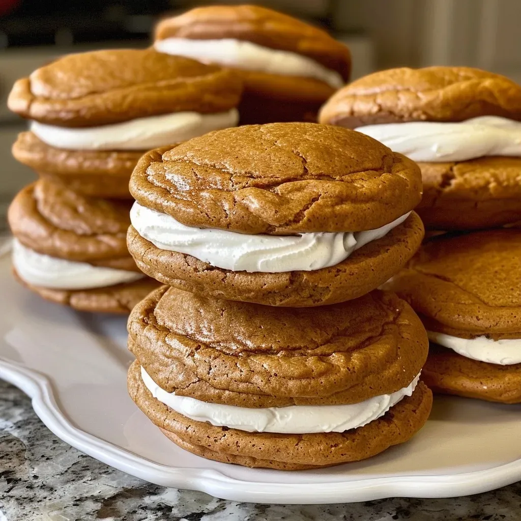 ['A close-up view of golden pumpkin whoopie pies filled with cream cheese frosting.', 'Side view of pumpkin whoopie pies showcasing their rich brown butter cream cheese filling.', 'A delectable close-up of pumpkin whoopie pies with a creamy frosting peeking out.', 'Detailed side view of pumpkin whoopie pies with a luscious frosting layer, highlighting their texture.']