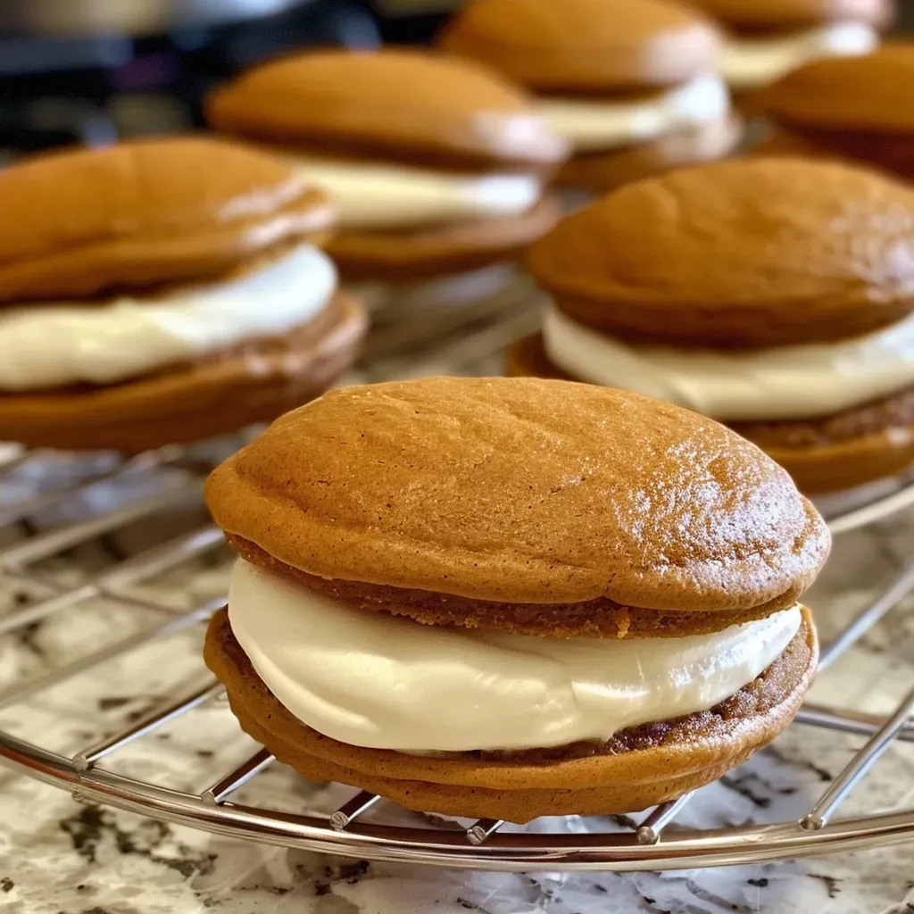 ['A close-up view of golden pumpkin whoopie pies filled with cream cheese frosting.', 'Side view of pumpkin whoopie pies showcasing their rich brown butter cream cheese filling.', 'A delectable close-up of pumpkin whoopie pies with a creamy frosting peeking out.', 'Detailed side view of pumpkin whoopie pies with a luscious frosting layer, highlighting their texture.']