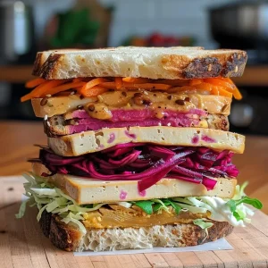 ['Close-up of a Rainbow Reuben Tofu Sandwich featuring layers of vibrant ingredients.', 'Side view of a Rainbow Reuben Tofu Sandwich showcasing colorful layers and textures.', 'Juicy Rainbow Reuben Tofu Sandwich with distinctive colors and toppings on sourdough bread.', 'Tasty Rainbow Reuben Tofu Sandwich with rich filling and sauces, captured from the side.']