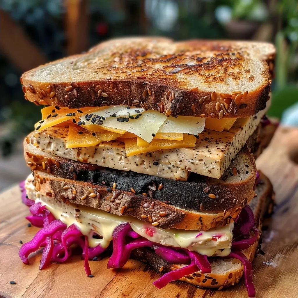 ['Close-up of a Rainbow Reuben Tofu Sandwich featuring layers of vibrant ingredients.', 'Side view of a Rainbow Reuben Tofu Sandwich showcasing colorful layers and textures.', 'Juicy Rainbow Reuben Tofu Sandwich with distinctive colors and toppings on sourdough bread.', 'Tasty Rainbow Reuben Tofu Sandwich with rich filling and sauces, captured from the side.']