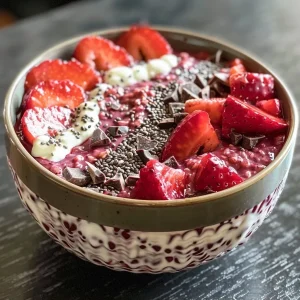 ['Close-up view of a bowl of Red Velvet Overnight Oats topped with sliced strawberries.', 'Side angle of creamy Red Velvet Overnight Oats with a vibrant red hue and fruit toppings.', 'A visually appealing serving of Red Velvet Overnight Oats garnished with strawberries and chocolate.', 'Delicious Red Velvet Overnight Oats in a bowl, showcasing rich colors and textures.']